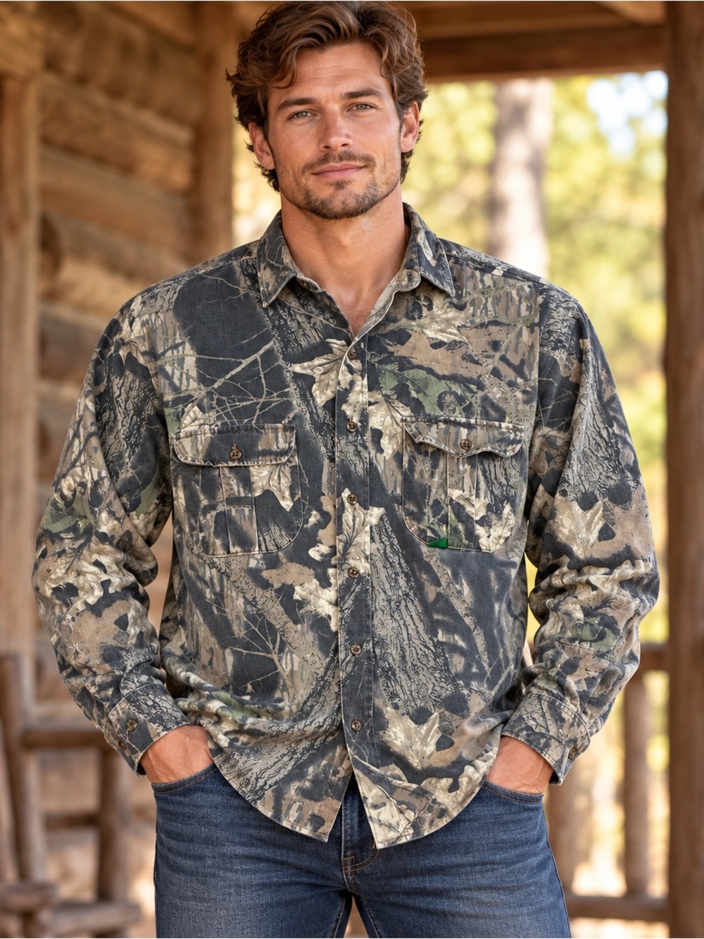 Vintage Mossy Oak Treestand Camo Shirt Men’s Long Sleeve Button Up Hunting